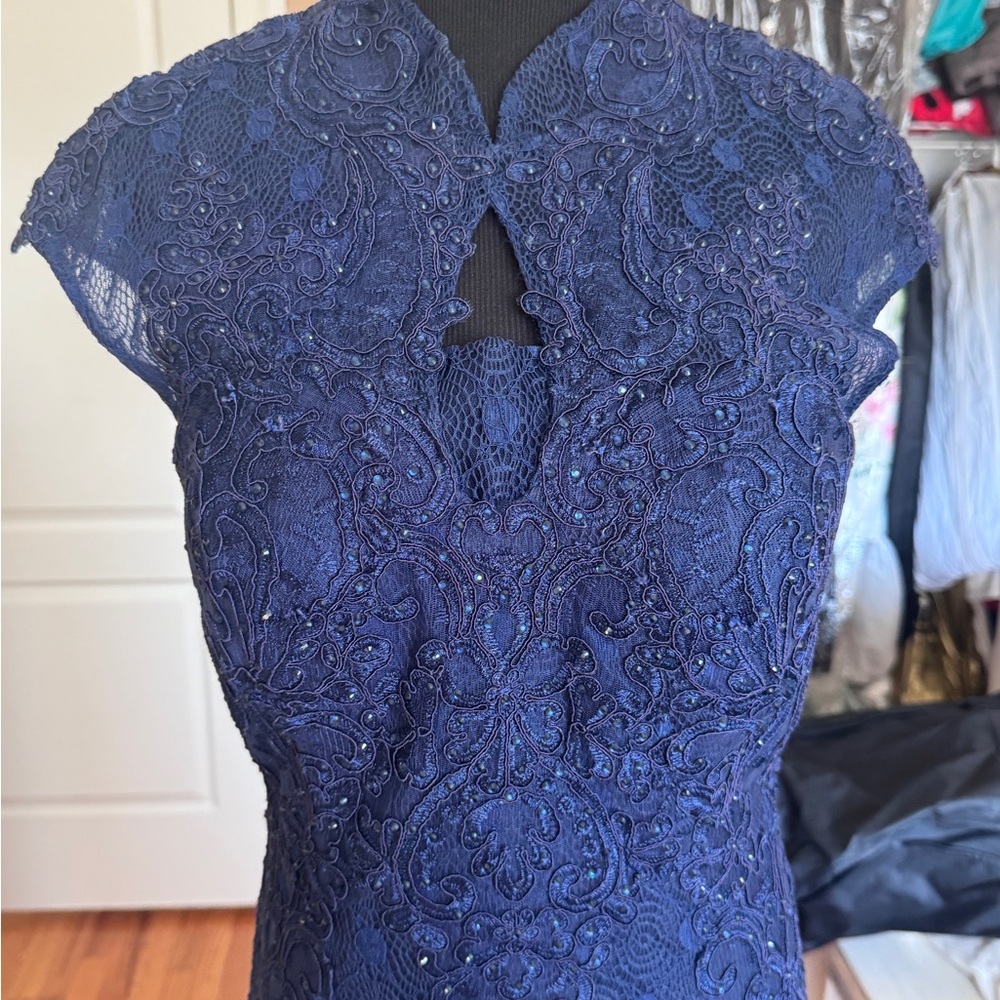 JVN by Jovani Navy Blue Lace Beaded Evening Gown – Formal Maxi Dress - Picture 2 of 7